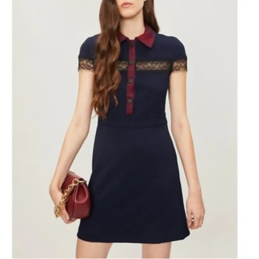 Maje Riloid Lace Trim Crepe Collared Dress